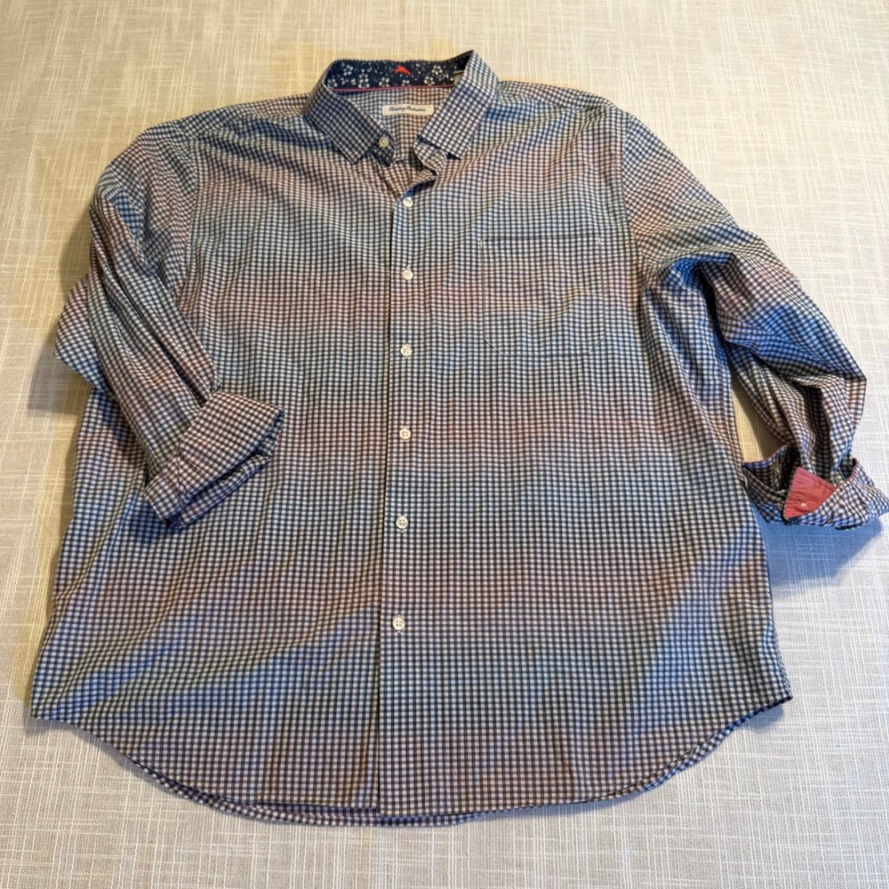 Tommy Bahama Mens XXL Pima Cotton Gingham Check Button Down Shirt Blue Brown
